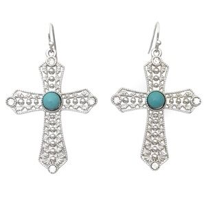 Cross Turquoise Stone Rhinestone Silver Tone Dangle Earrings